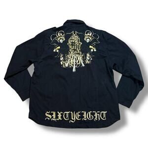 Blac Label 68 Shacket Mens Black Gold Embroidered Skulls Iron Cross Shirt ~XL